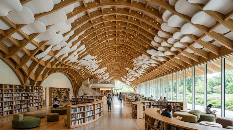 techo de la biblioteca con tablones de madera