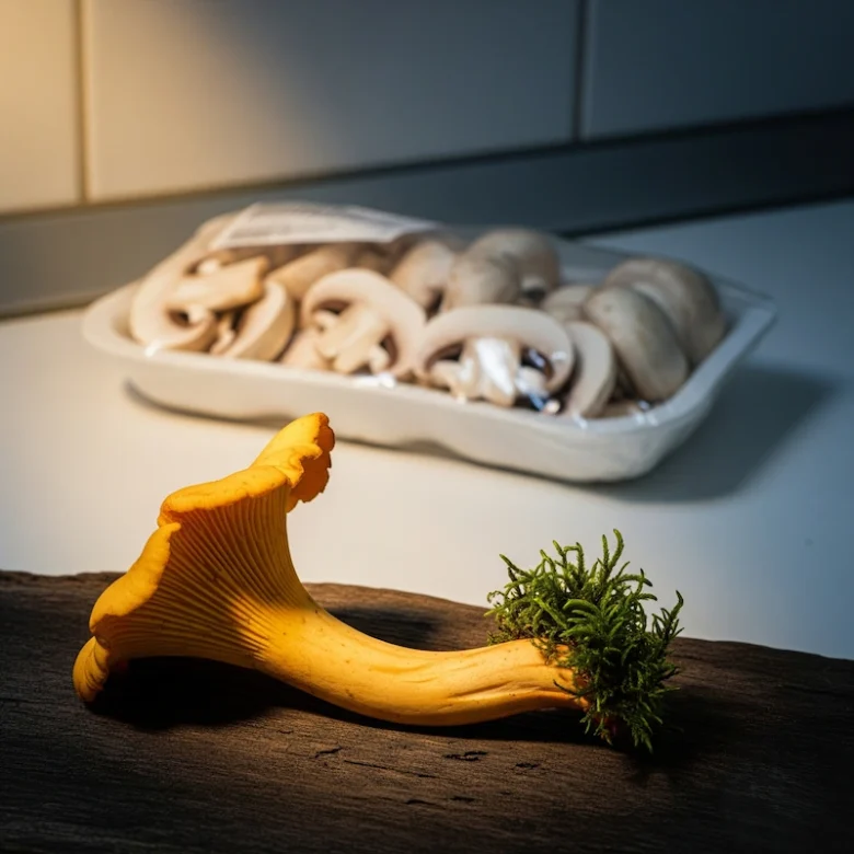 wild chanterelle vs cultivated mushrooms still life